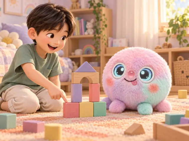 Illustrated child explaining the wide base of a block tower to Wompy.