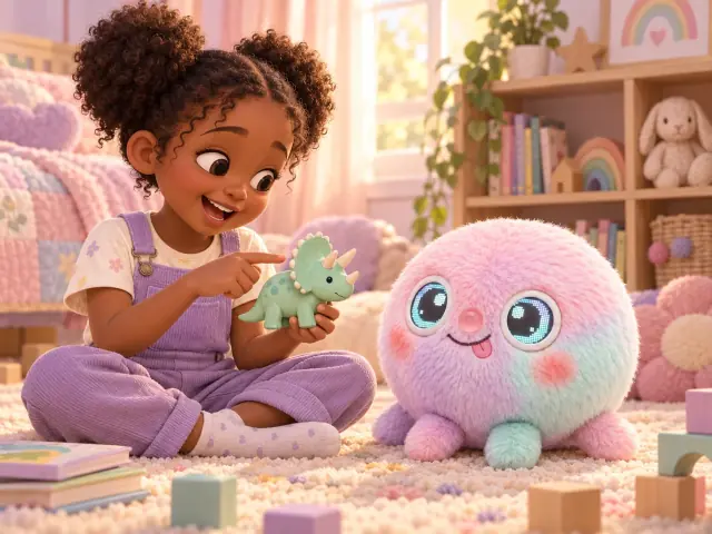 Illustrated child explaining a toy dinosaur to Wompy.