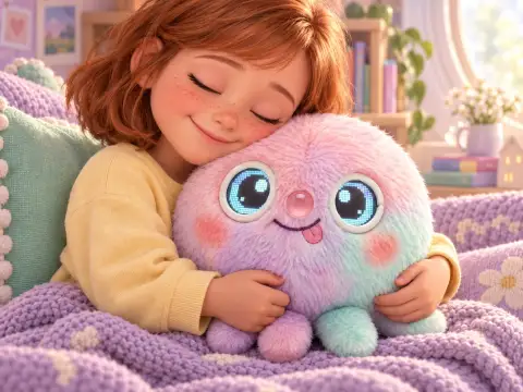 An imagined quiet moment of a child cuddling the round pastel Wompy plush.