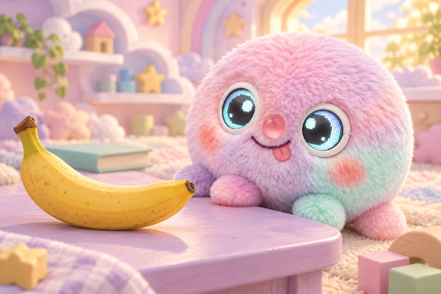 Wompy curiously examining an ordinary banana in an illustrated pastel playroom.