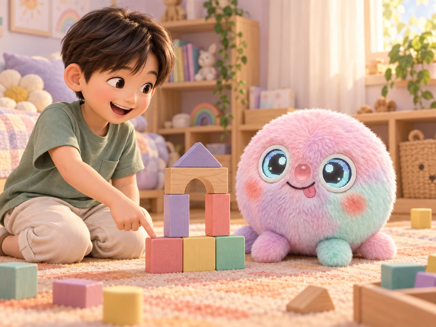 Concept illustration of a child showing Wompy a colorful block building.