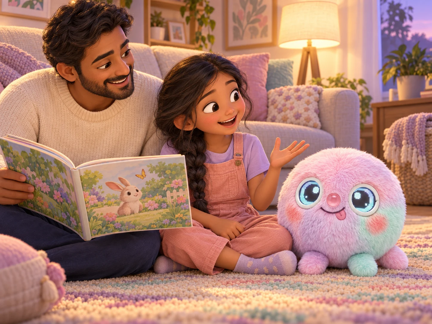 Concept illustration of a parent and child inventing a story with Wompy.