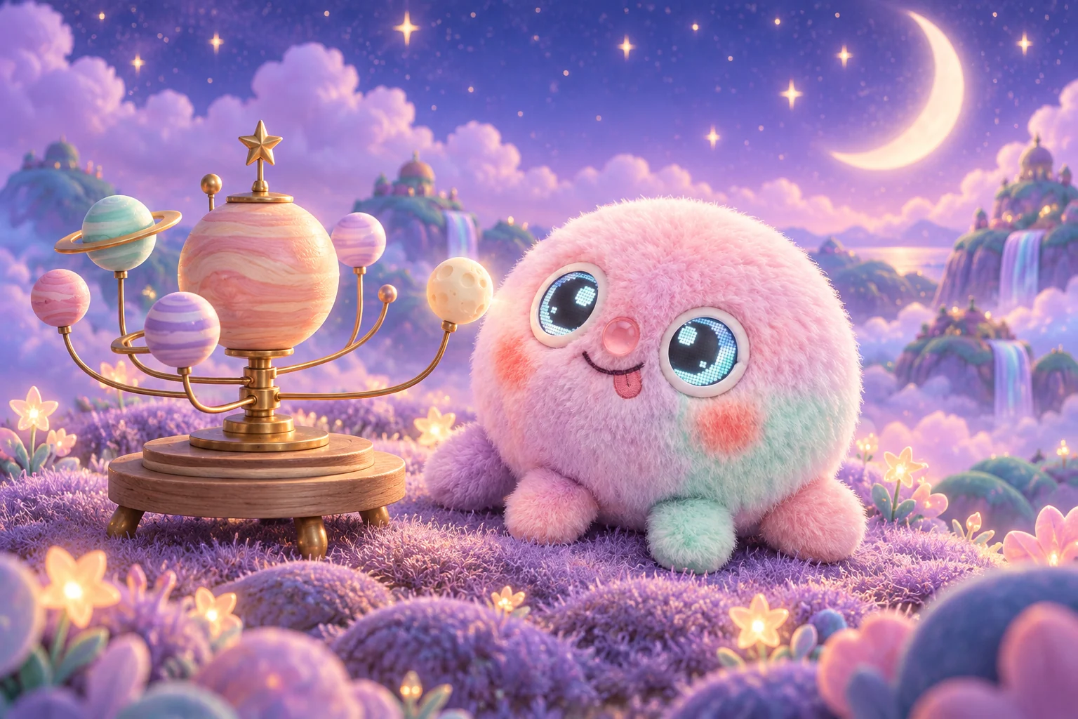Wompy looking up at an imagined universe of soft stars.
