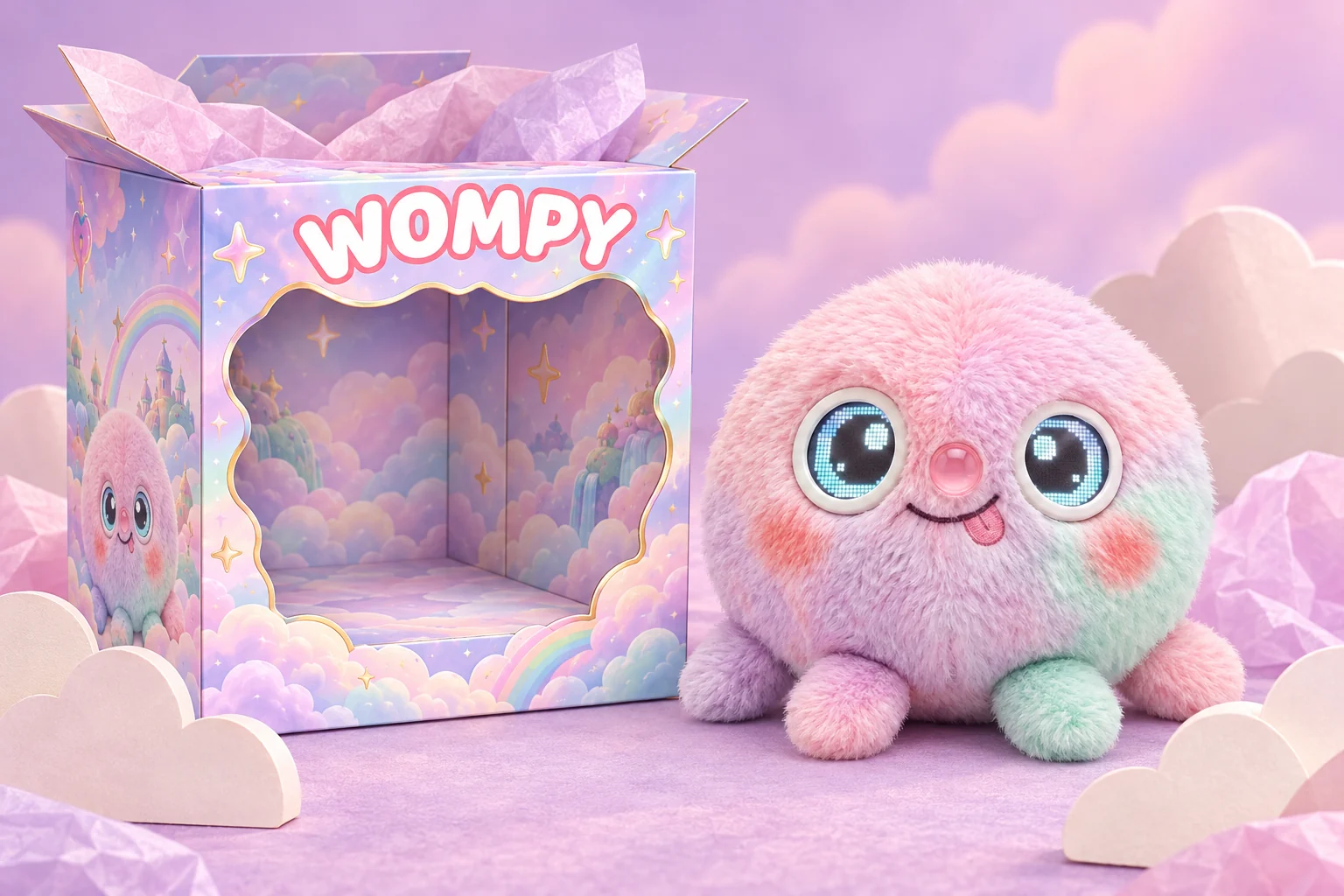 Concept illustration of Wompy’s pastel gift-box unboxing, not final retail packaging.