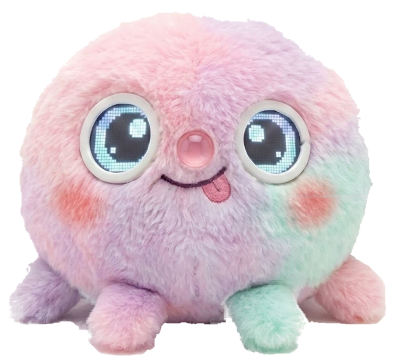 The real Wompy physical sample: a round pink, lilac and mint plush with bright pixel-display eyes and a little pink nose.